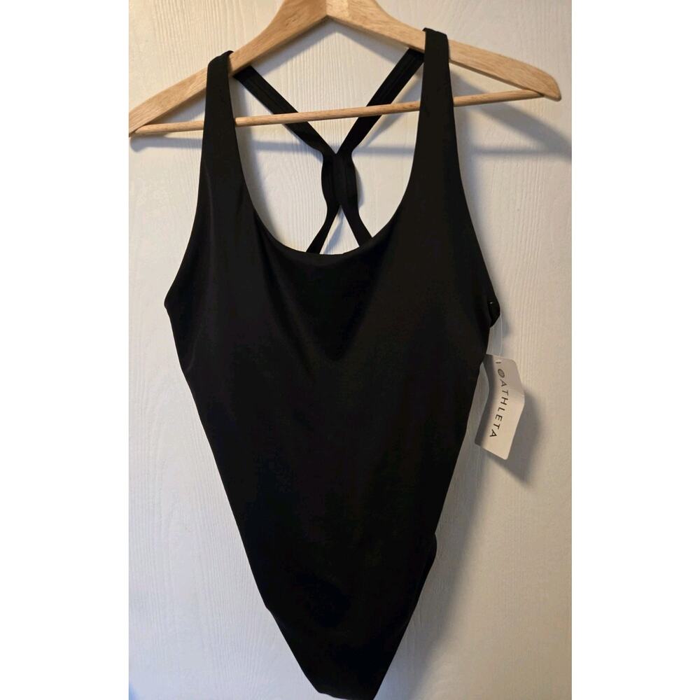 New ATHLETA Malibu One Piece Large Black Racerback Shelf Bra SwimSuit NWT